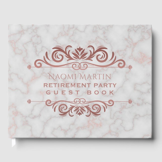 Elegant Marble Rose Gold Retirement Party Guest Book (Front)