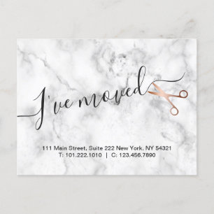 Elegant marble & rose gold scissors hairstylist announcement postcard