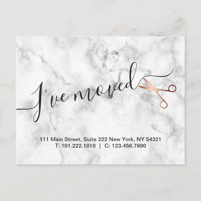 Elegant marble & rose gold scissors hairstylist announcement postcard (Front)