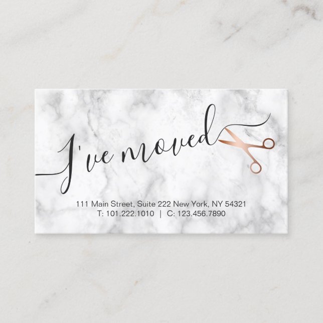 Elegant marble & rose gold scissors hairstylist business card (Front)
