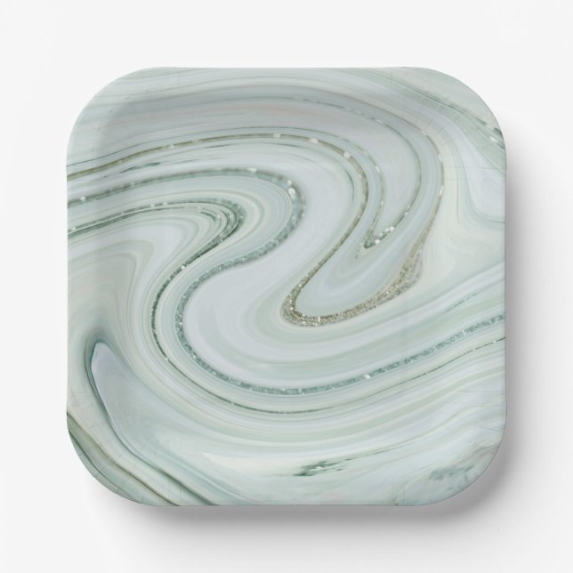 Elegant Marble Silver Glitter Swirl Pattern Paper Plate (Front)