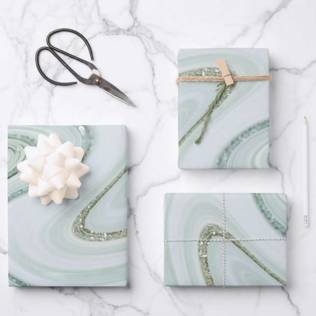 Elegant Marble Swirl Silver Glitter Sparkle Glam Wrapping Paper Sheet (Front)