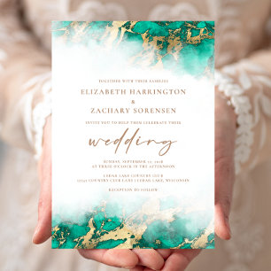 Elegant Marble Teal Green Gold Wedding Invitation