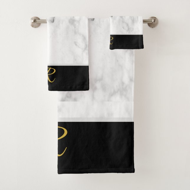 Elegant Marble White Black Gold Monogram Initial  Bath Towel Set (Insitu)