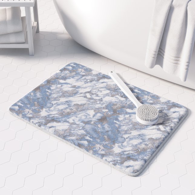 Elegant Marble White Dusty Blue Silver Faux Foil Bath Mat (Creator Uploaded)