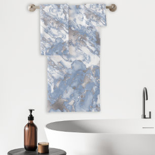 Elegant Marble White Dusty Blue Silver Faux Foil Bath Towel Set
