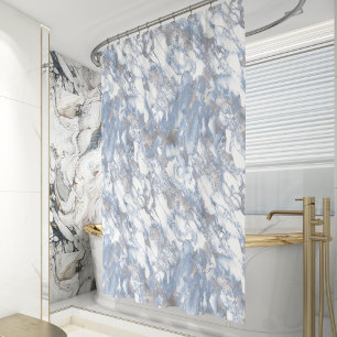 Elegant Marble White Dusty Blue Silver Faux Foil Shower Curtain