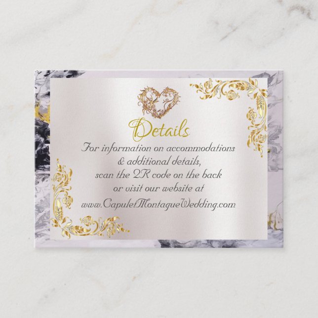Elegant Marble, White, Gold Frame, Gold Heart Enclosure Card (Front)