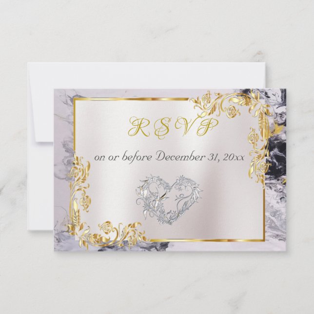 Elegant Marble, White, Gold Frame, Silver Heart  RSVP Card (Front)