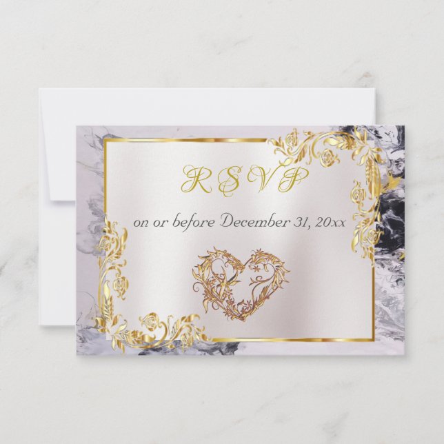 Elegant Marble, White, Gold Frame, Silver Heart RSVP Card (Front)