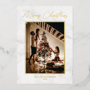 Elegant Marble White Gold Two Photo Christmas Foil Holiday Card