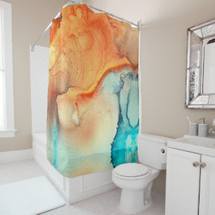 Elegant Marbled Abstract Art Orange & Blue Shower Curtain