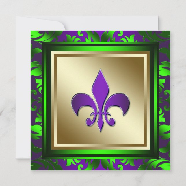 Elegant Mardi Gras Fleur de Lis Wedding Invitation (Front)