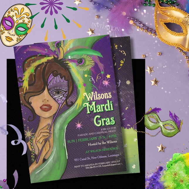 Elegant Mardi Gras Masquerade Hand-drawn Portrait Invitation (Elegant Mardi Gras Masquerade Hand-drawn Portrait Invitation (2))