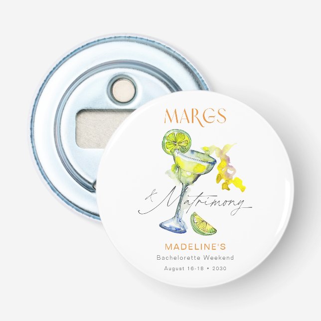 Elegant Margs & Matrimony Bachelorette Weekend Bottle Opener (Front)