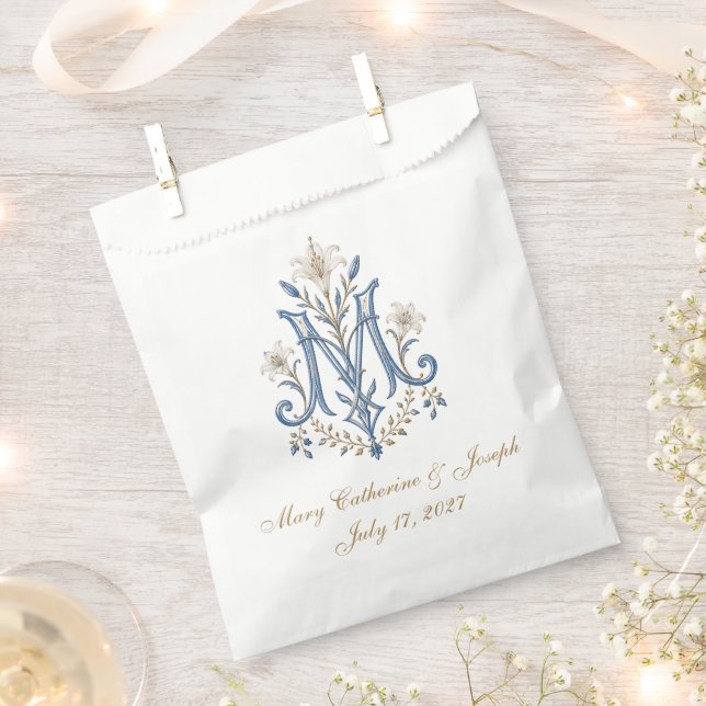 Elegant Marian Monogram Catholic Wedding Favour Bag (Clipped)