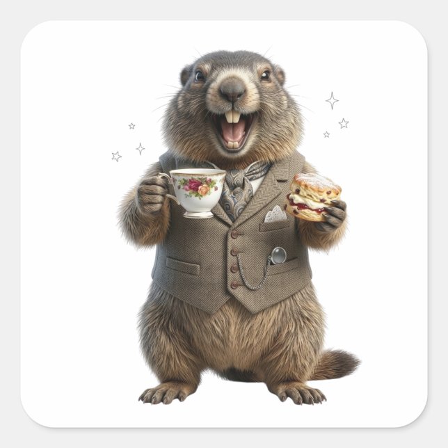 Elegant Marmot Drinking Tea Square Sticker (Front)