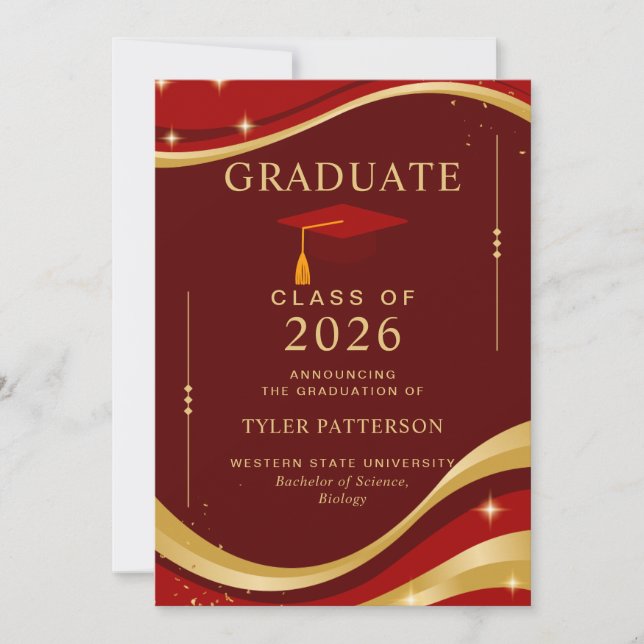 Elegant Maroon and Gold College Graduation Party  Invitation (Front)