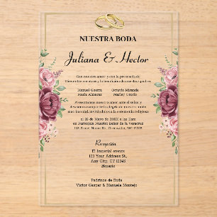 Elegant Maroon and Gold Floral Wedding Acrylic Invitations