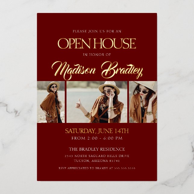 Elegant Maroon and Gold Graduation Announcement (Front)