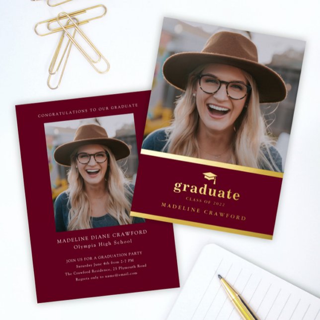 Elegant Maroon and Gold Photo Graduation (Simple gold and maroon 2 photo graduation foil announcement invitations.)