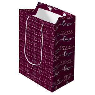 Elegant Maroon and Silver Hearts "Love" Medium Gift Bag