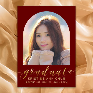 Elegant Maroon Arch Gold Script Photo Graduation Announcement