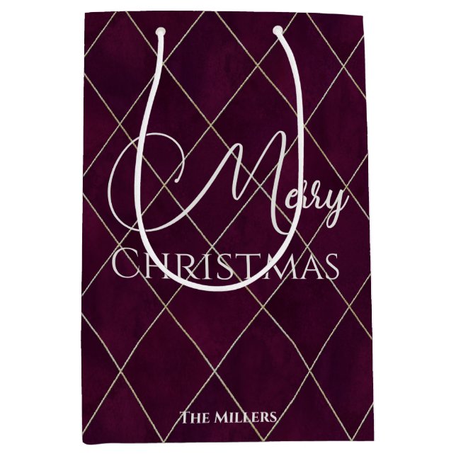 Elegant Maroon Argyle Pattern Merry Christmas Medium Gift Bag (Front)