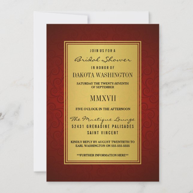 Elegant Maroon Bridal Shower & Faux Gold Overlay Invitation (Front)