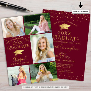 Elegant Maroon Burgundy Gold 5 Photo Graduate Invitation