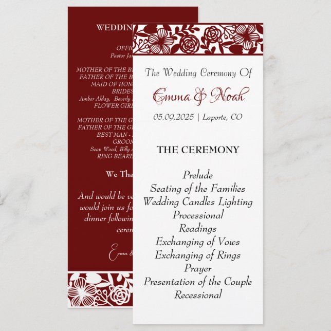 Elegant Maroon-Burgundy Wedding Flat Program (Front/Back)