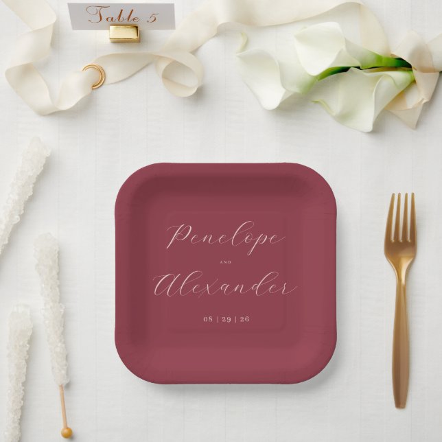 Elegant Maroon Calligraphy Paper Plate (Wedding)