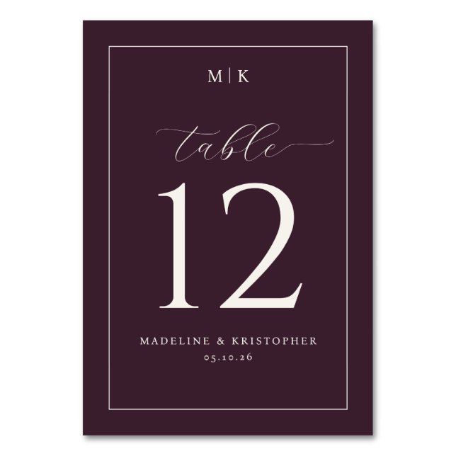 Elegant Maroon Calligraphy Table Number (Front)