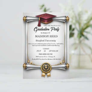 Elegant Maroon Cap Silver Scroll Graduation Party Invitation