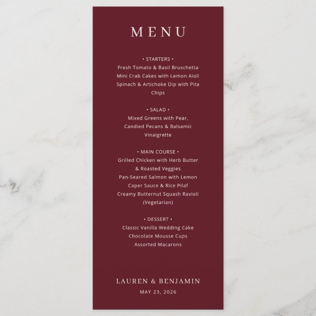 Elegant Maroon Classic Wedding Menu (Front)