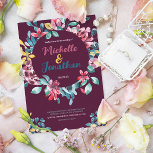 Elegant maroon colourful watercolor floral wedding invitation