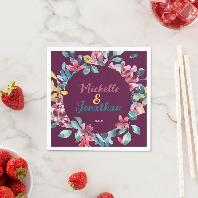 Elegant maroon colourful watercolor floral wedding napkin (Insitu)