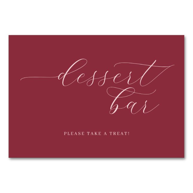 Elegant Maroon Cursive Dessert Bar Sign Table Number (Front)