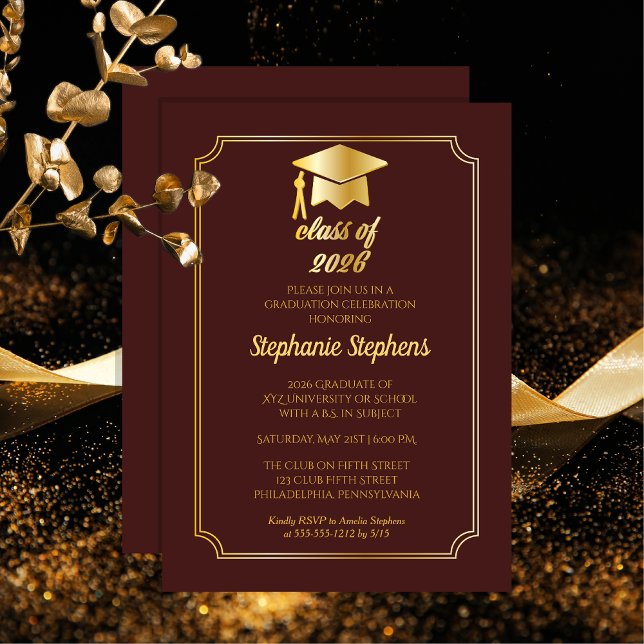 Elegant Maroon | Gold Cap College Graduation Party Invitation (Elegant Maroon and Gold Tone Grad Cap College Graduation Party Invitation - Print | Download)