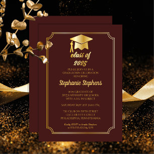 Elegant Maroon Gold Cap College Graduation Party Invitation