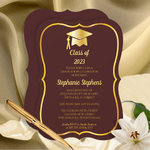 Elegant Maroon   Gold Cap Graduation Party Invitation
