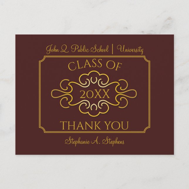 Elegant Maroon | Gold College Graduation Thank You Postcard (Front)