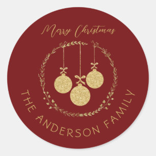 Elegant Maroon Gold Glitter Christmas Family Name Classic Round Sticker