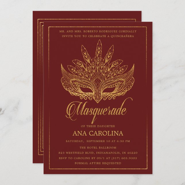 Elegant Maroon Gold Glitter Masquerade Quinceañera Invitation (Front/Back)