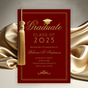 Elegant Maroon Gold Grad Cap College Graduation Announcement