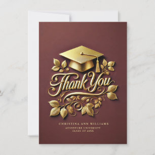 Elegant Maroon Gold Grad Cap Leaf Graduation Thank You Card