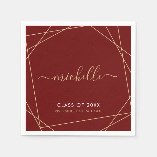 Elegant Maroon Gold Graduation Name Geometric Napkin (Front)