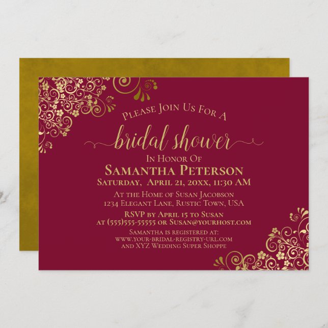 Elegant Maroon & Gold Lace Frills Bridal Shower Invitation (Front/Back)