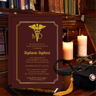 Elegant Maroon Gold MD Physician Graduation Party Invitation