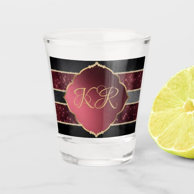 Elegant Maroon & Gold Monogram Initials Shot Glass (Front)